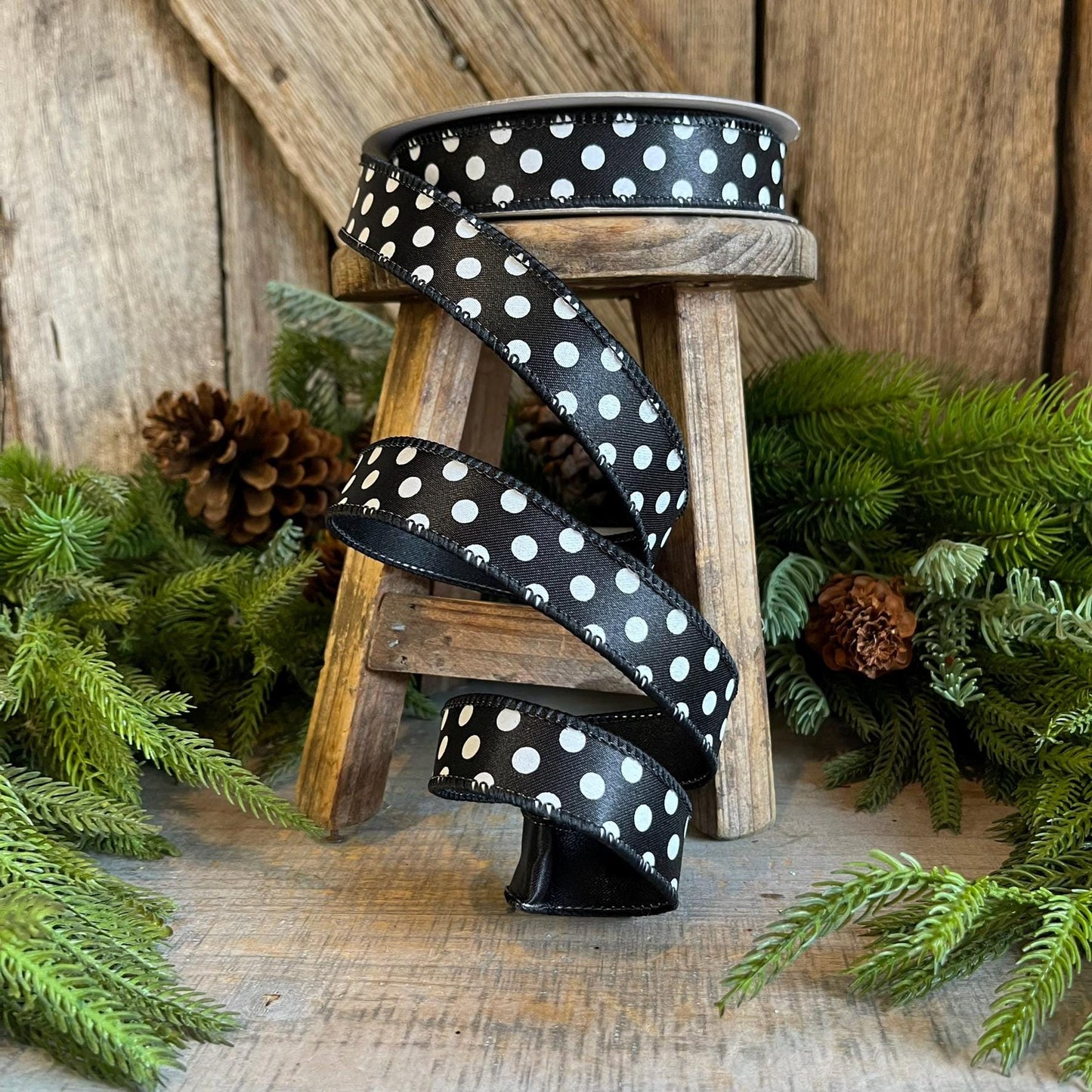 1" Black White Mini Dots, Farrisilk Ribbon, Polka Dot RIbbon