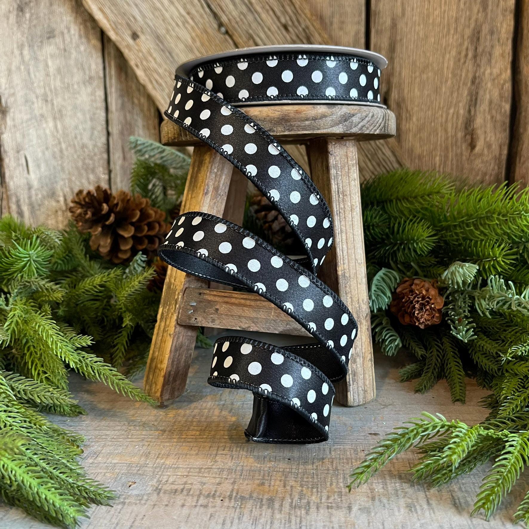 1" Black White Mini Dots, Farrisilk Ribbon, Polka Dot RIbbon