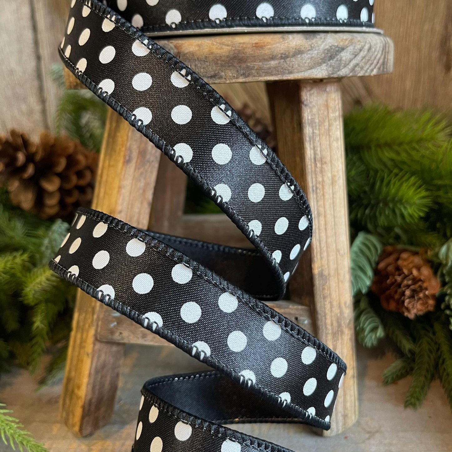 1" Black White Mini Dots, Farrisilk Ribbon, Polka Dot RIbbon
