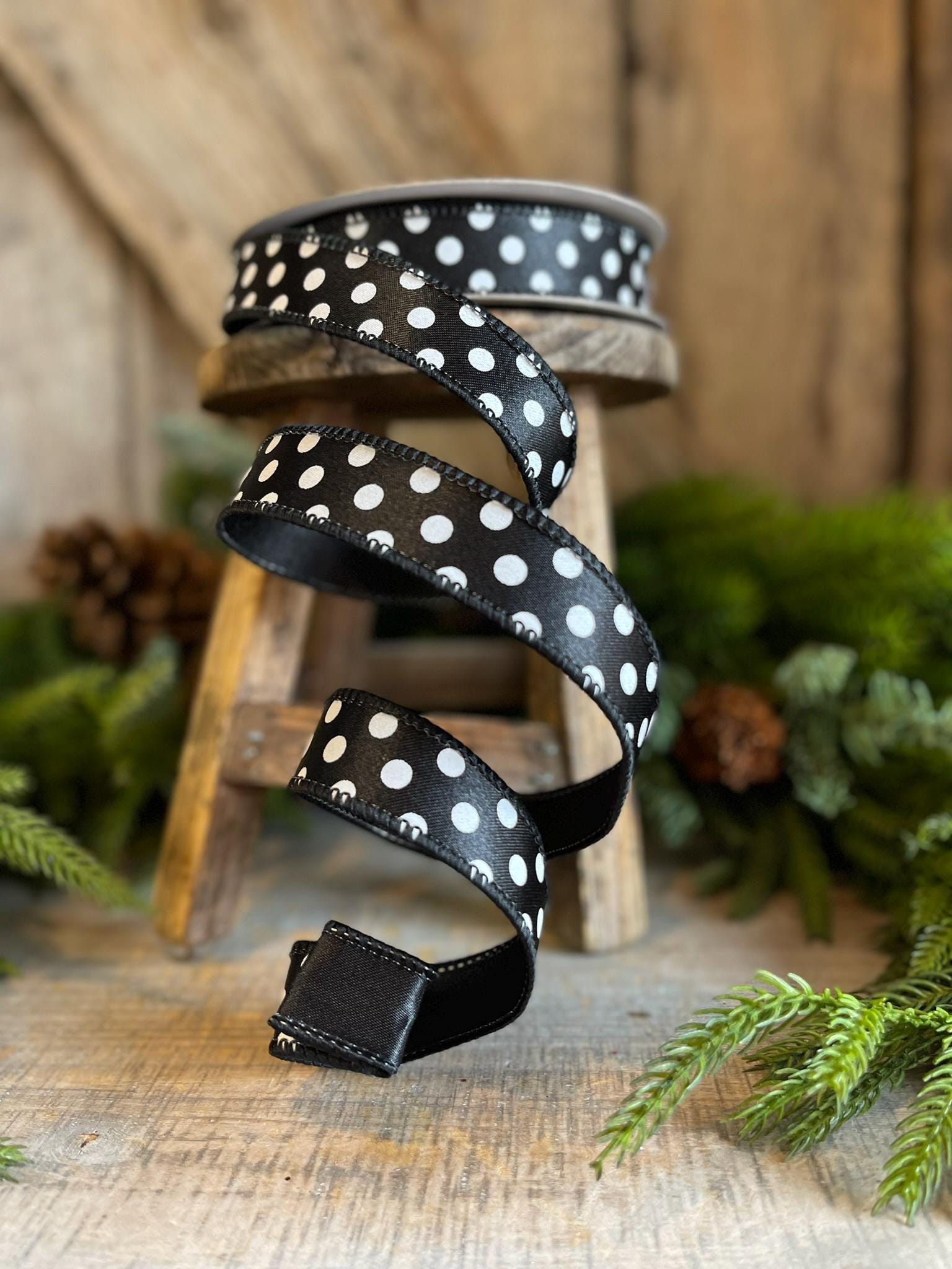 1" Black White Mini Dots, Farrisilk Ribbon, Polka Dot RIbbon