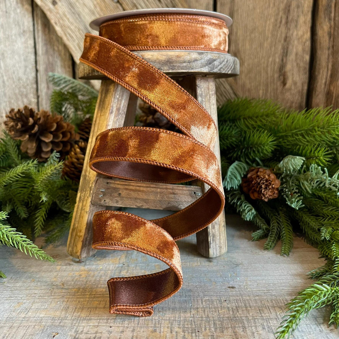 1” Pecan Brown Silken Velvet Ribbon, Farrisilk ribbon, Velvet ribbon
