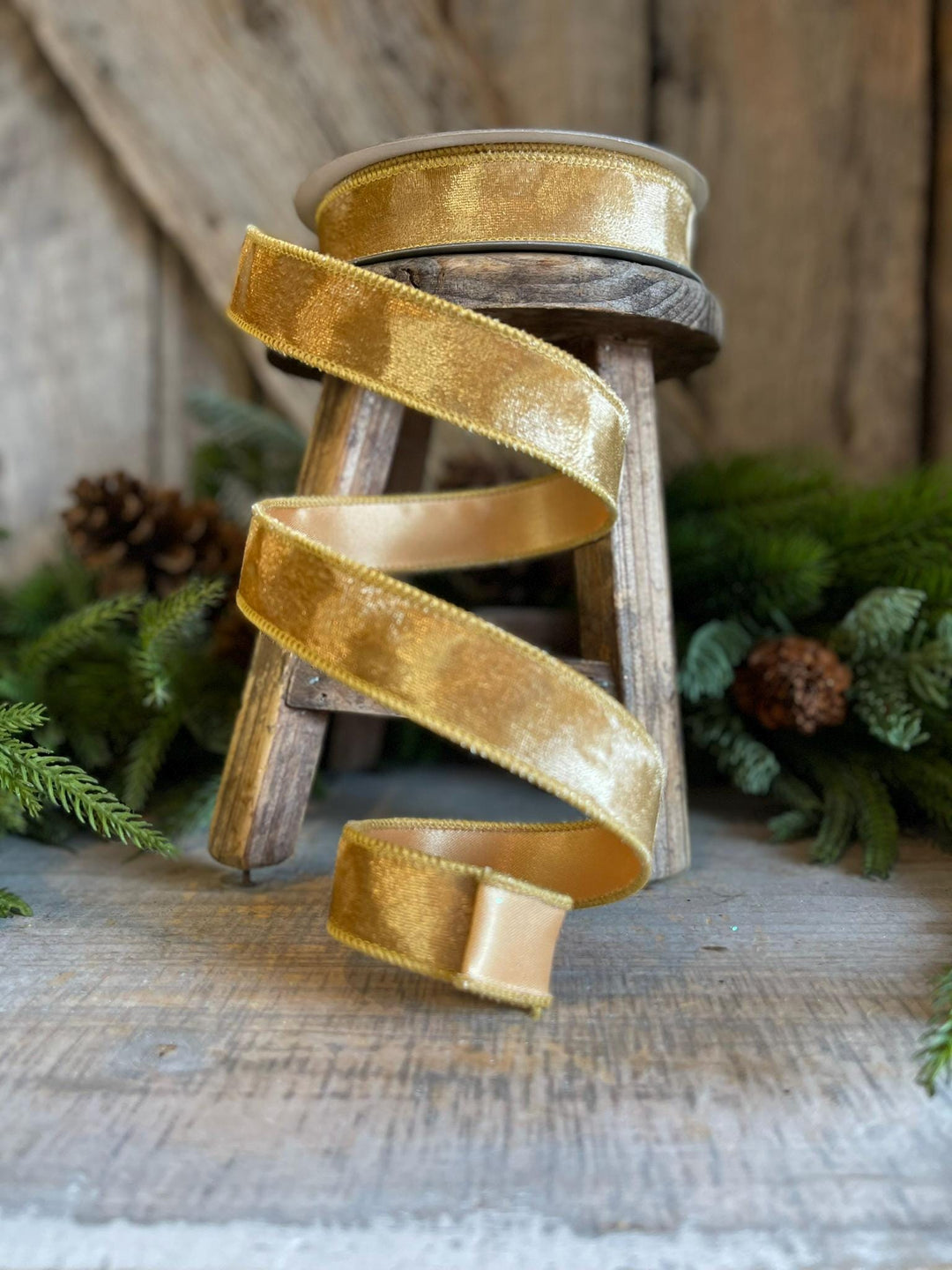 1" Gold Silken Velvet Ribbon, Farrisilk Ribbon, Wired Ribbon
