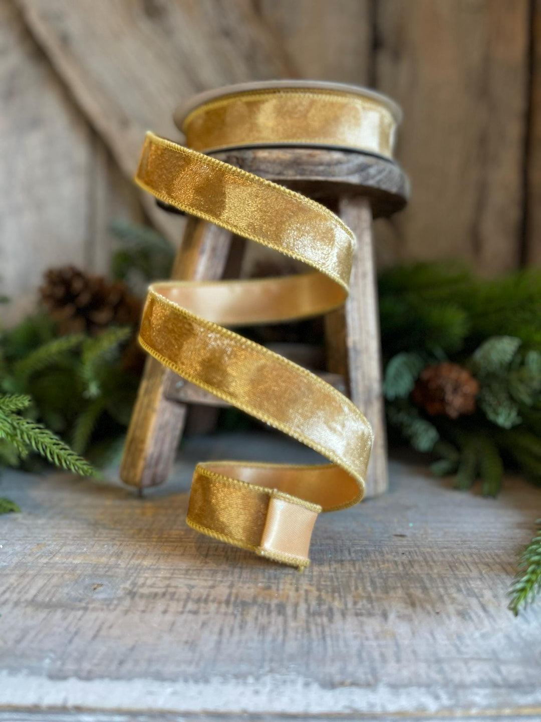 1" Gold Silken Velvet Ribbon, Farrisilk Ribbon, Wired Ribbon