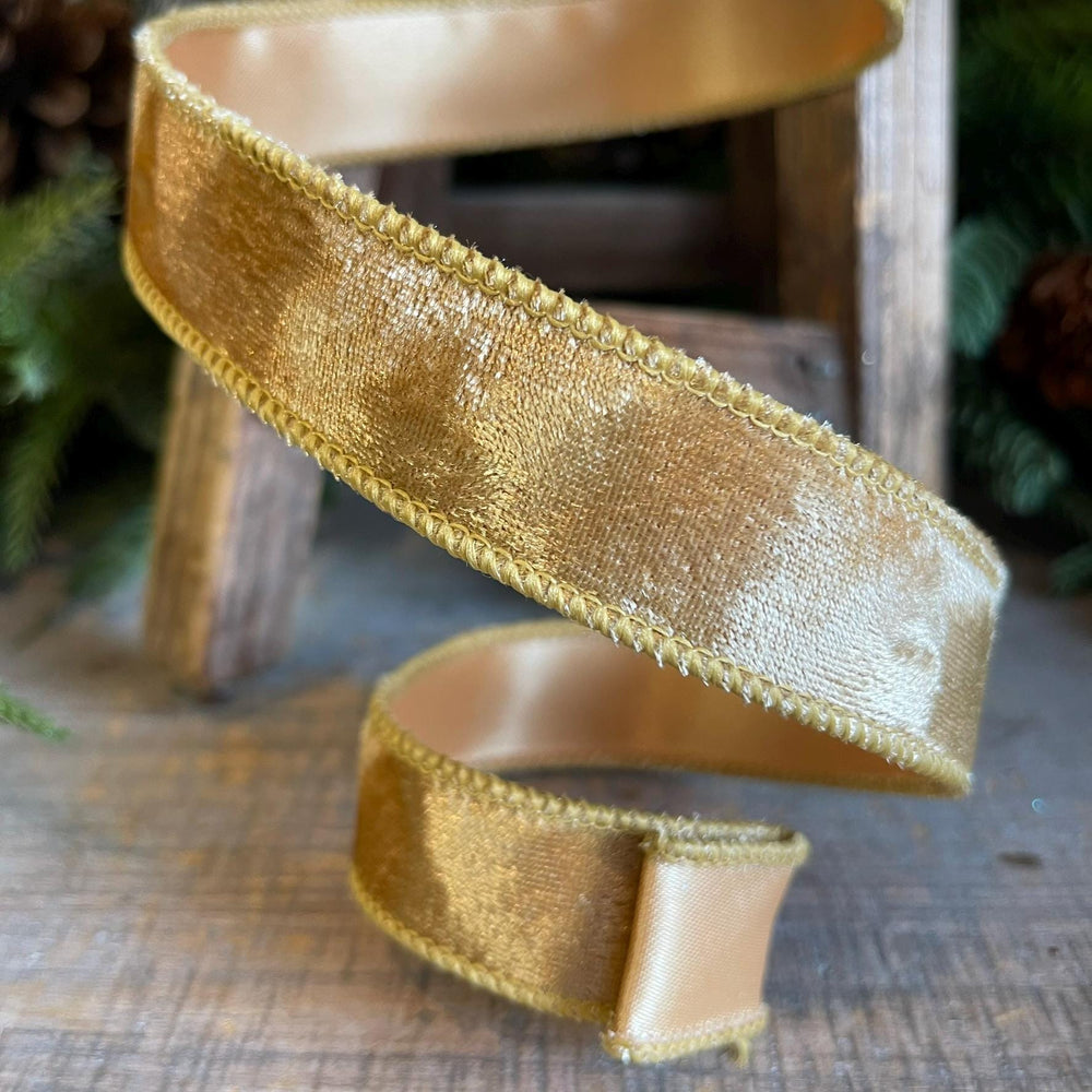 1" Gold Silken Velvet Ribbon, Farrisilk Ribbon, Wired Ribbon