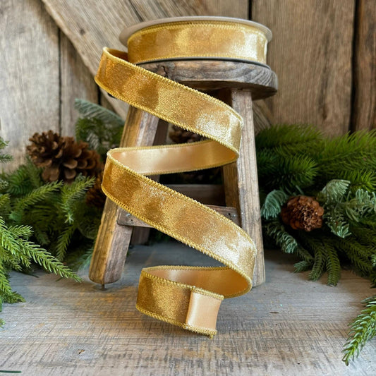 1" Gold Silken Velvet Ribbon, Farrisilk Ribbon, Wired Ribbon