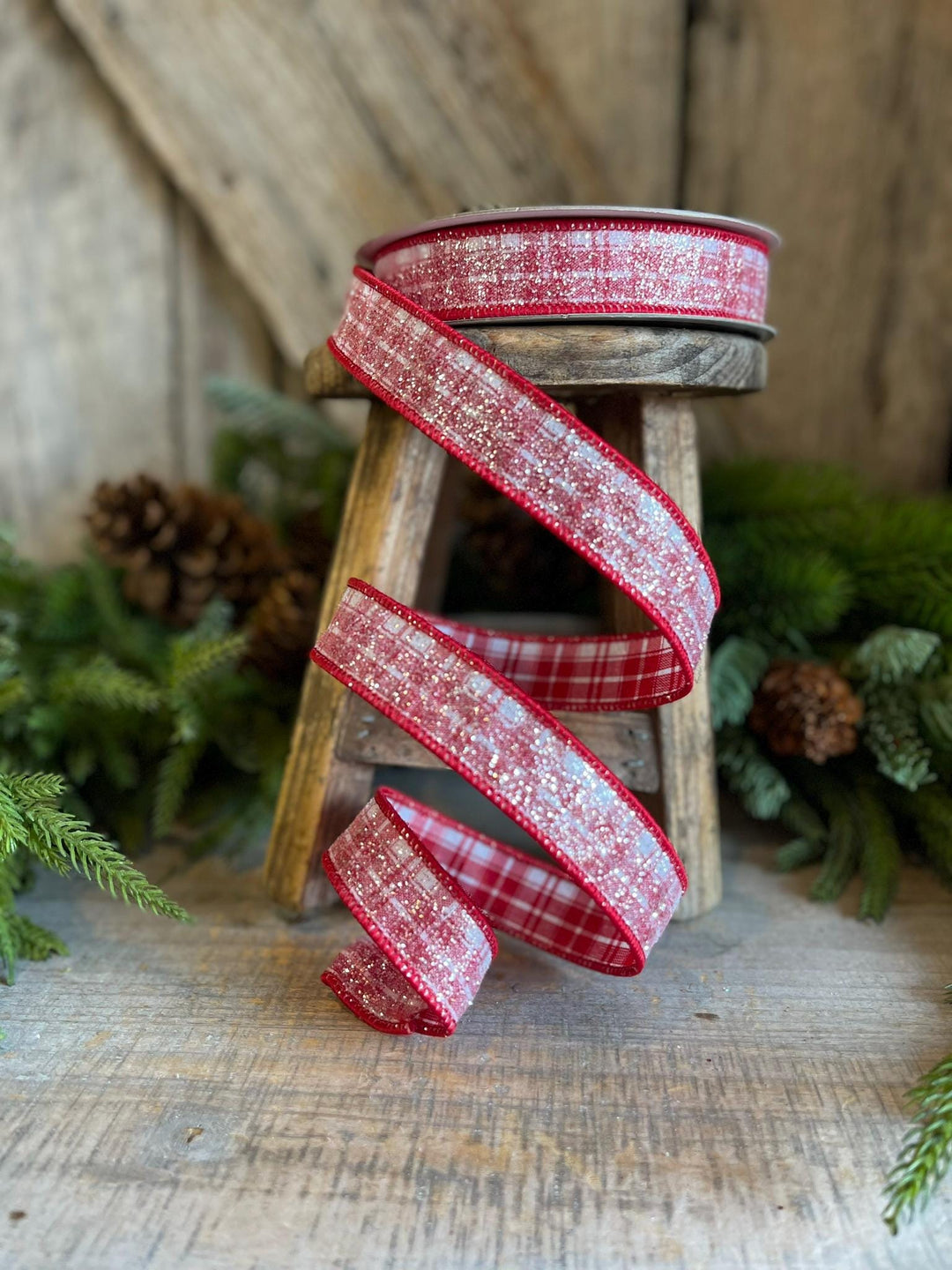 1" Sugar Candy Plaid Wired Ribbon, Farrisilk Ribbon, Gingerbread Ribbon