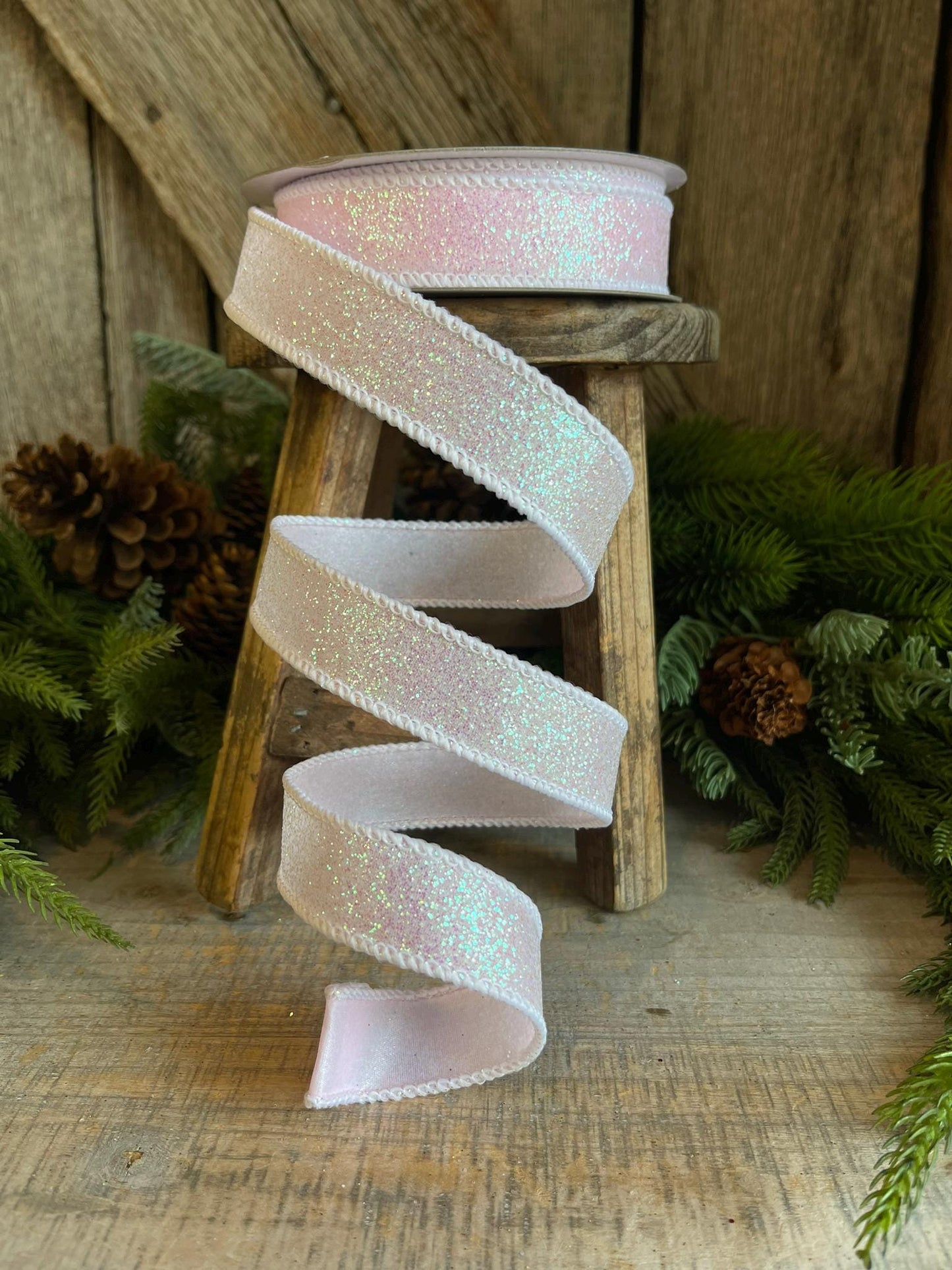 1" White Iridescent Sugar Frost Ribbon, Farrisilk Ribbon, White Glitter Ribbon