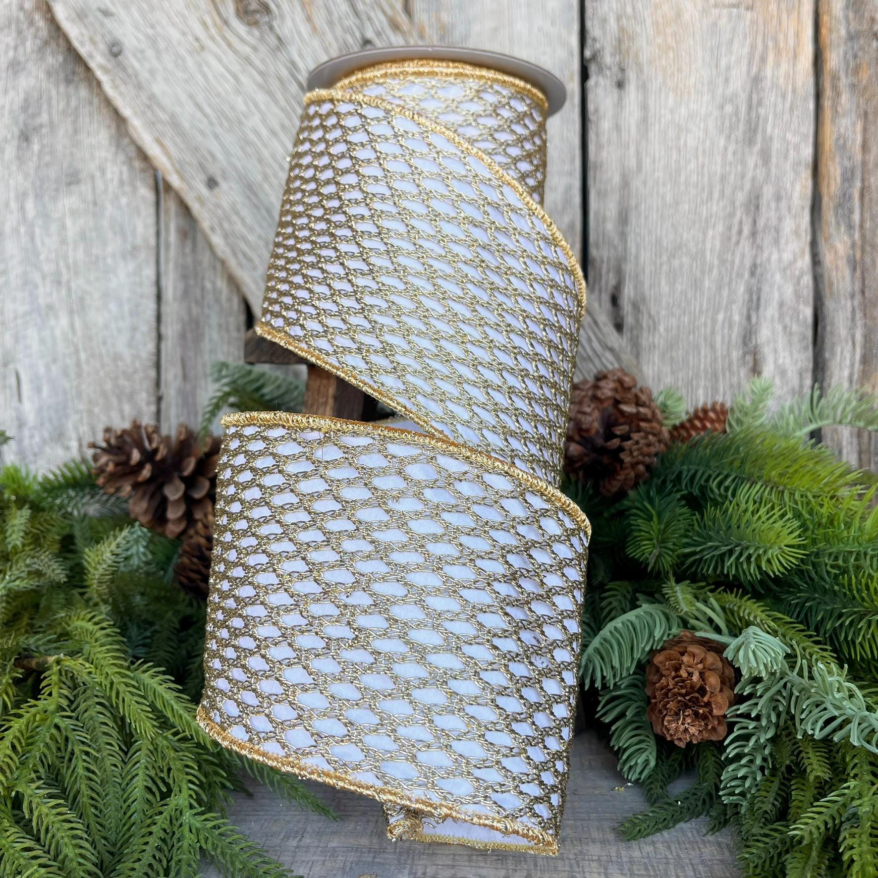 4" White Gold Ribbon, Farrisilk Ribbon, Gold lattice ribbon