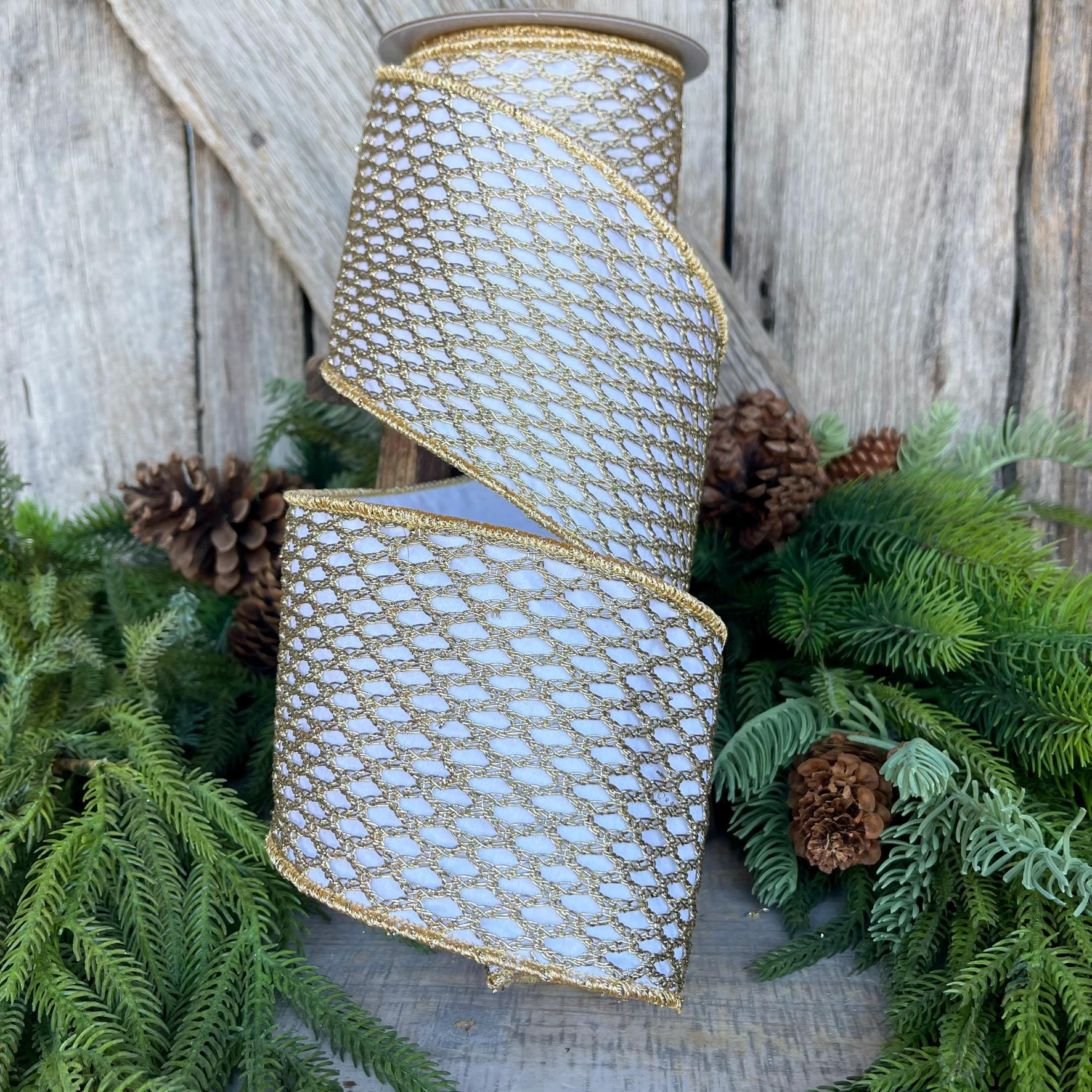 4" White Gold Ribbon, Farrisilk Ribbon, Gold lattice ribbon