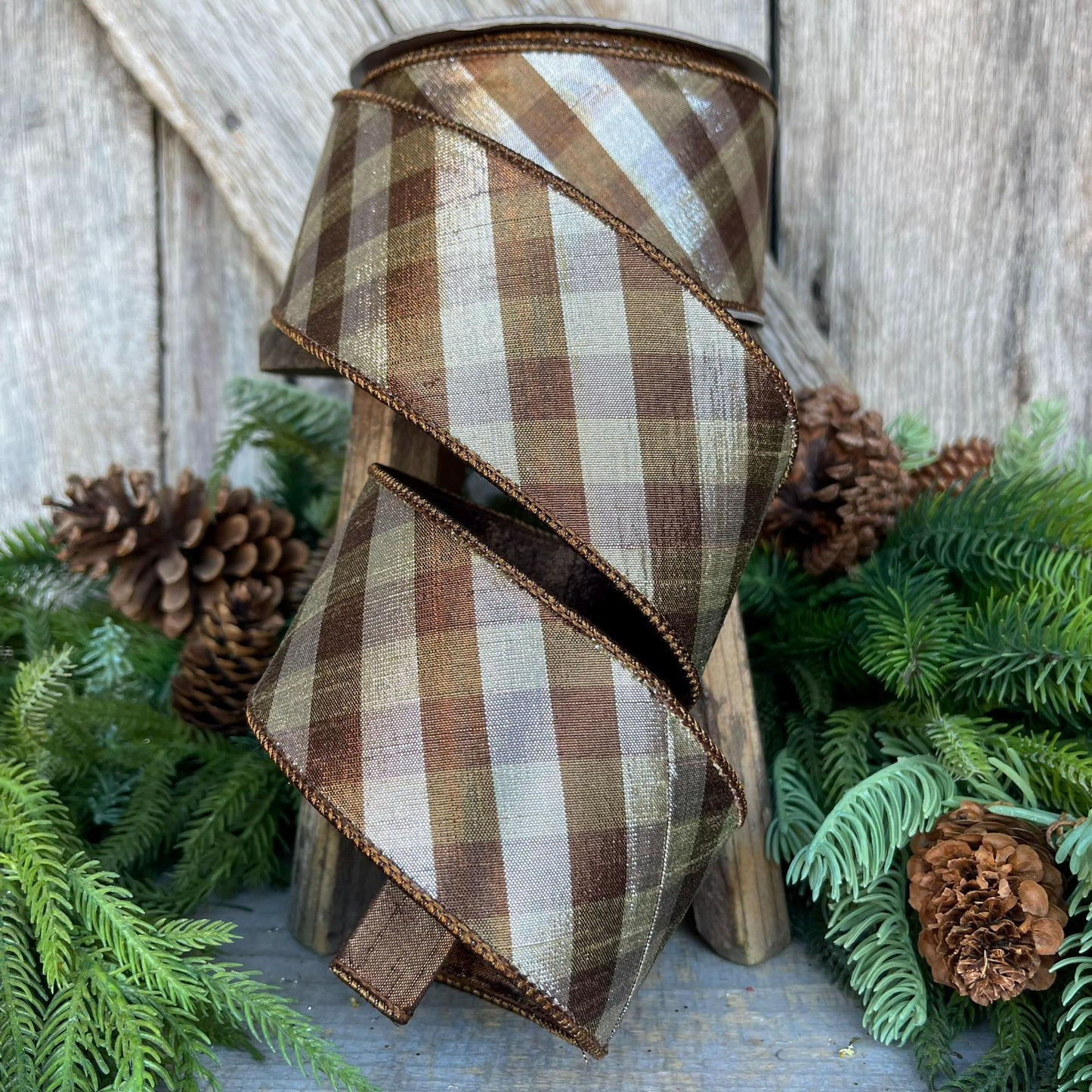 2.5" Platinum Bronze Metallic Checks, Farrisilk Ribbon