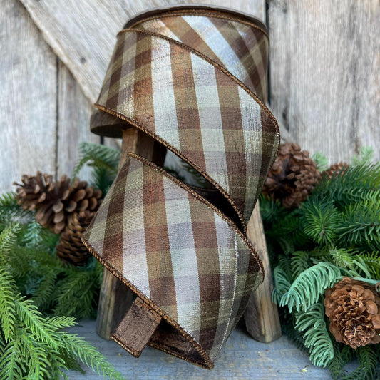 2.5" Platinum Bronze Metallic Checks, Farrisilk Ribbon, Fall Ribbon
