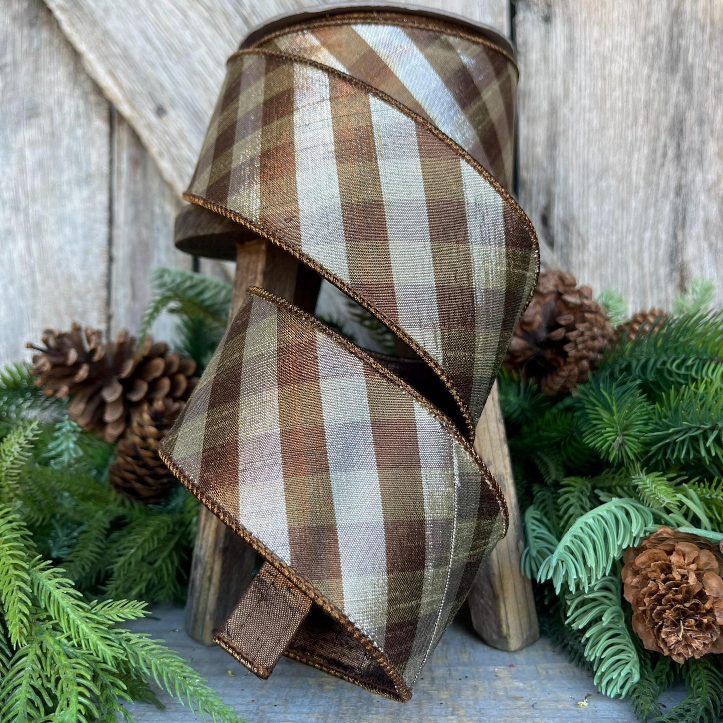 2.5" Platinum Bronze Metallic Checks, Farrisilk Ribbon, Fall Ribbon
