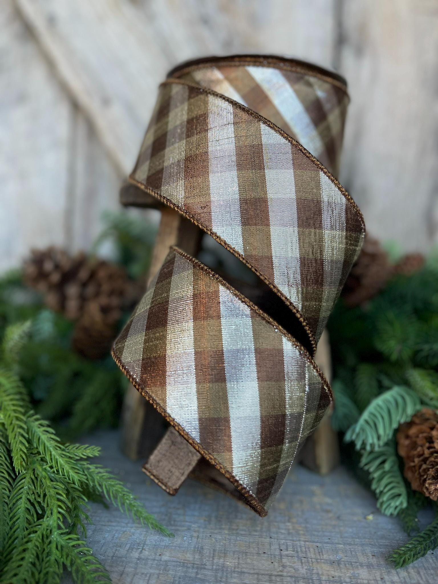 2.5" Platinum Bronze Metallic Checks, Farrisilk Ribbon