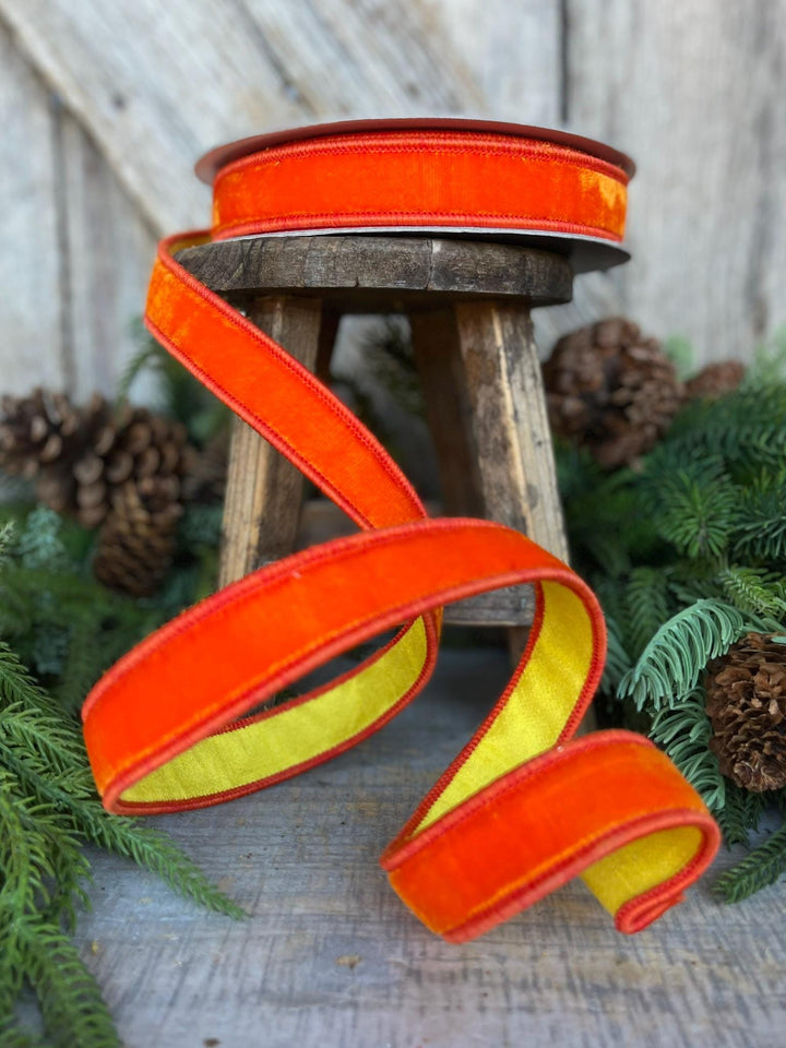 1" Orange Yellow Velvet RIbbon, Farrisilk Ribbon, Wired Ribbon