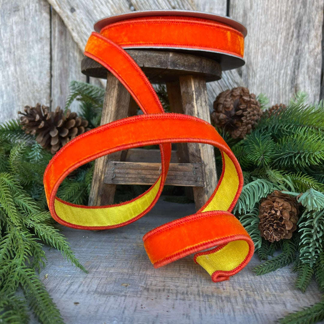 1" Orange Yellow Velvet RIbbon, Farrisilk Ribbon, Wired Ribbon