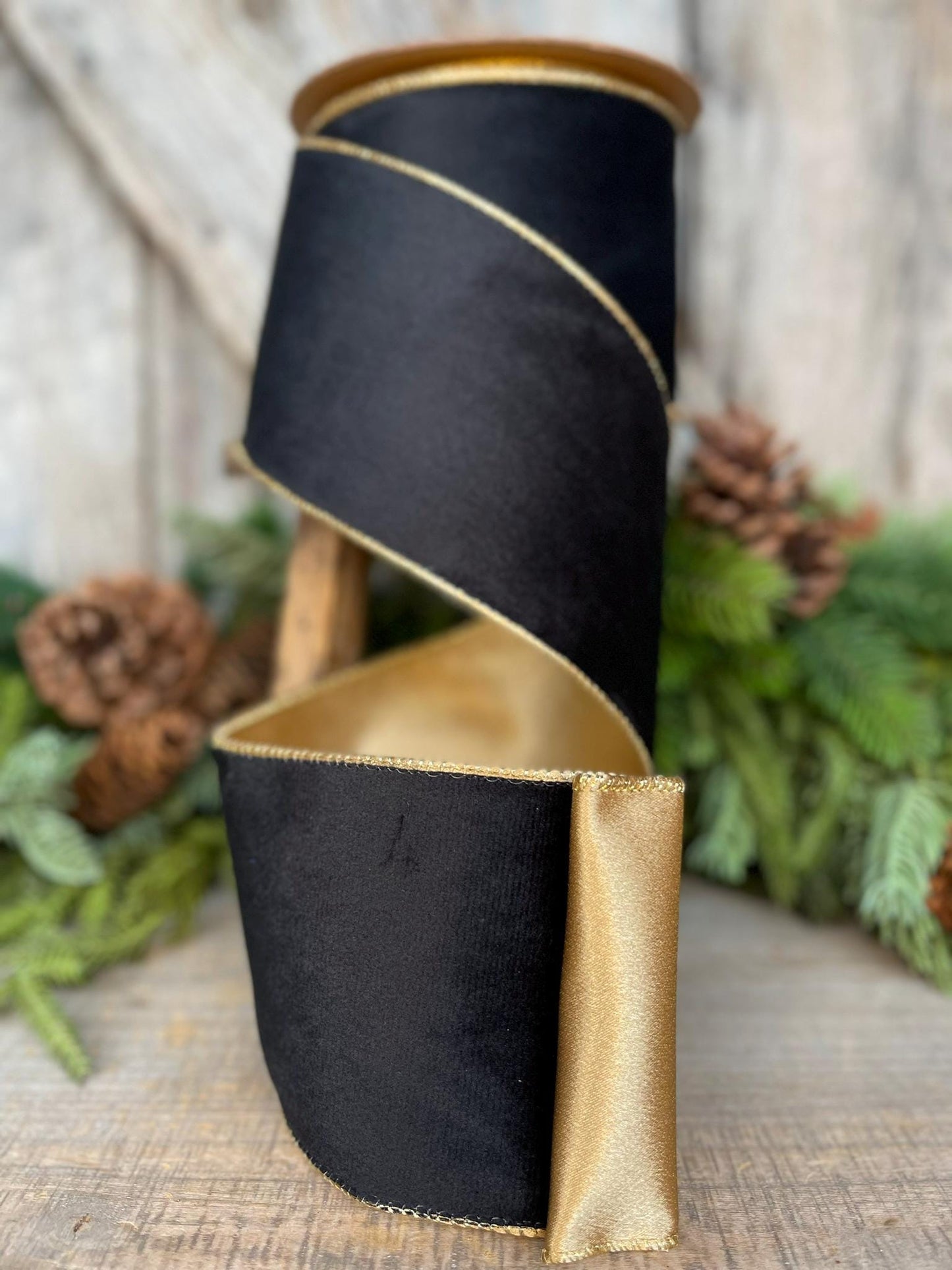 4" Black Velvet Ribbon, Wired RIbbon, Black Gold Velvet Ribbon