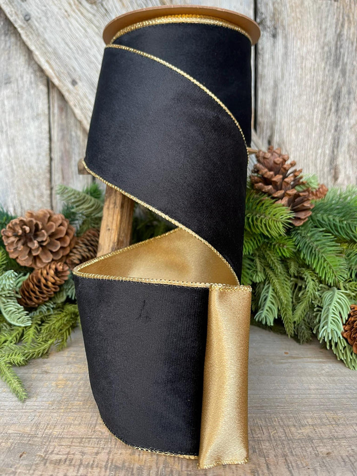 4" Black Velvet Ribbon, Wired RIbbon, Black Gold Velvet Ribbon