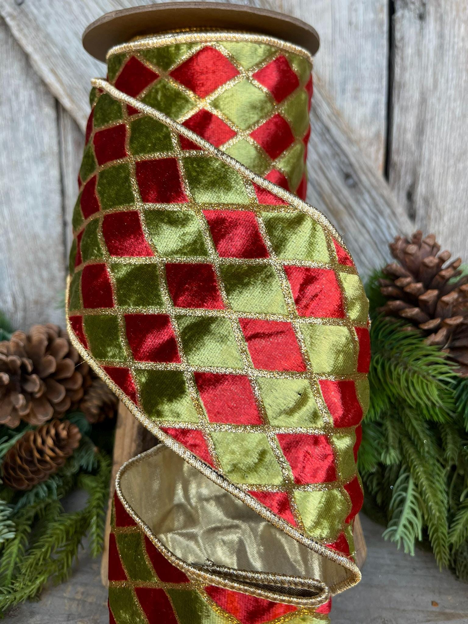 4" Red and Green Harlequin Velvet Ribbon, Christmas Ribbon