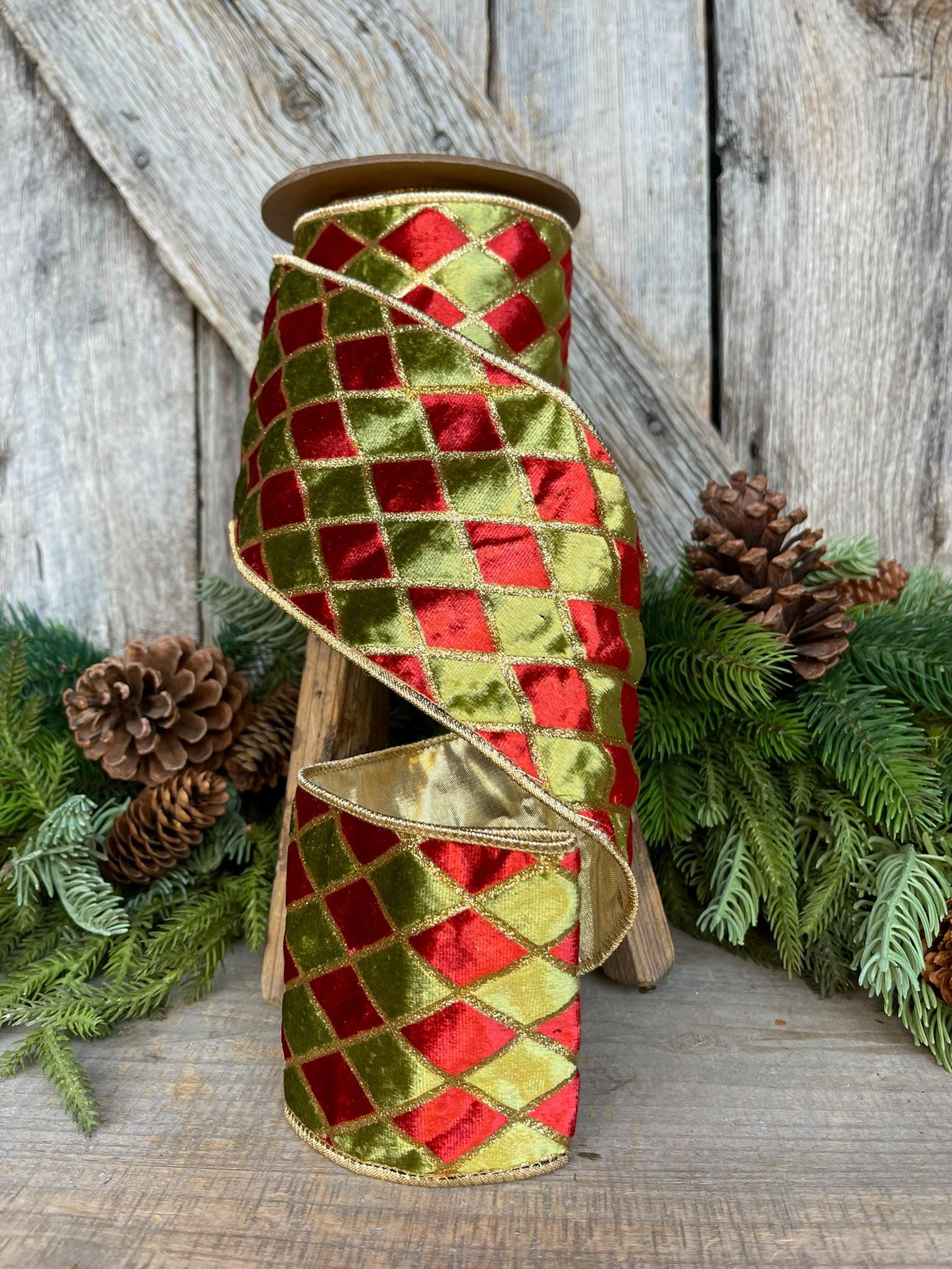 4" Red and Green Harlequin Velvet Ribbon, Christmas Ribbon