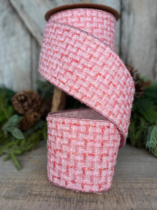 4" Pink Tweed Ribbon, Pink Christmas Ribbon, Designer Ribbon