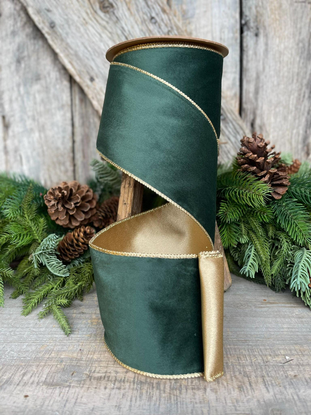 4" Green Velvet Ribbon, Green &amp; Gold Velvet Ribbon, Christmas RIbbon