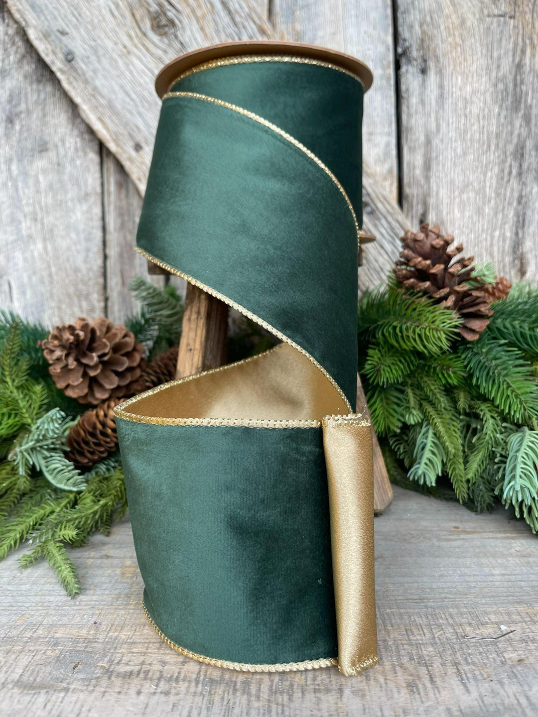 4" Green Velvet Ribbon, Green &amp; Gold Velvet Ribbon, Christmas RIbbon