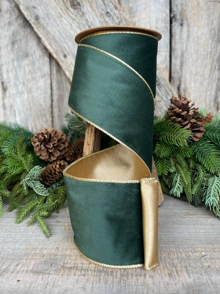 4" Green Velvet Ribbon, Green &amp; Gold Velvet Ribbon, Christmas RIbbon