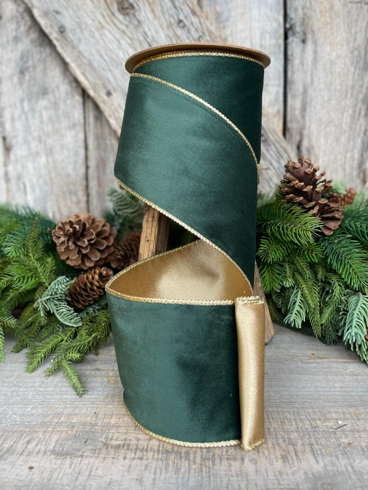 4" Green Velvet Ribbon, Green &amp; Gold Velvet Ribbon, Christmas RIbbon