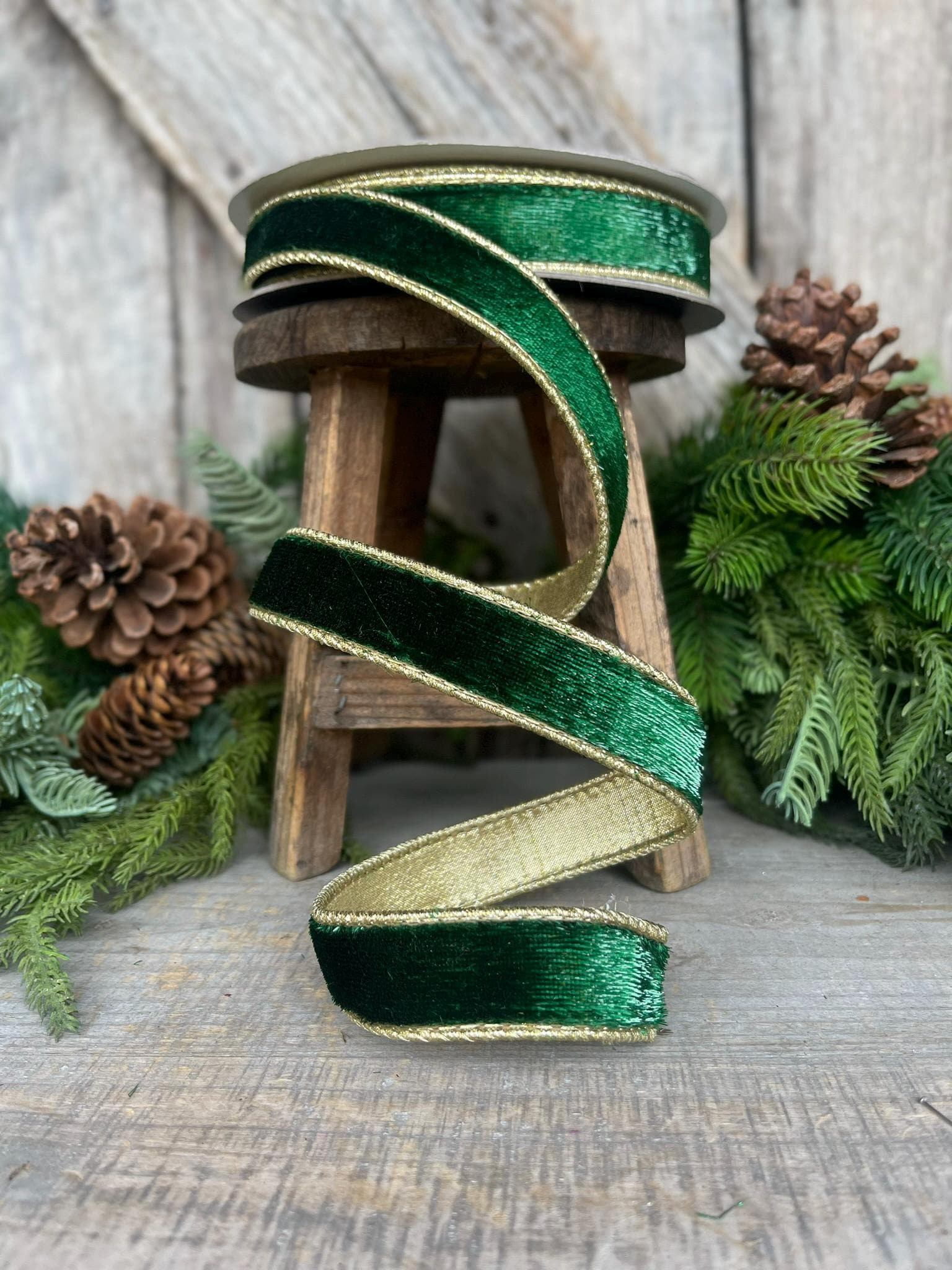1" Emerald and Gold Velvet Sheen Ribbon, Green Velvet Ribbon, Wired Ribbon