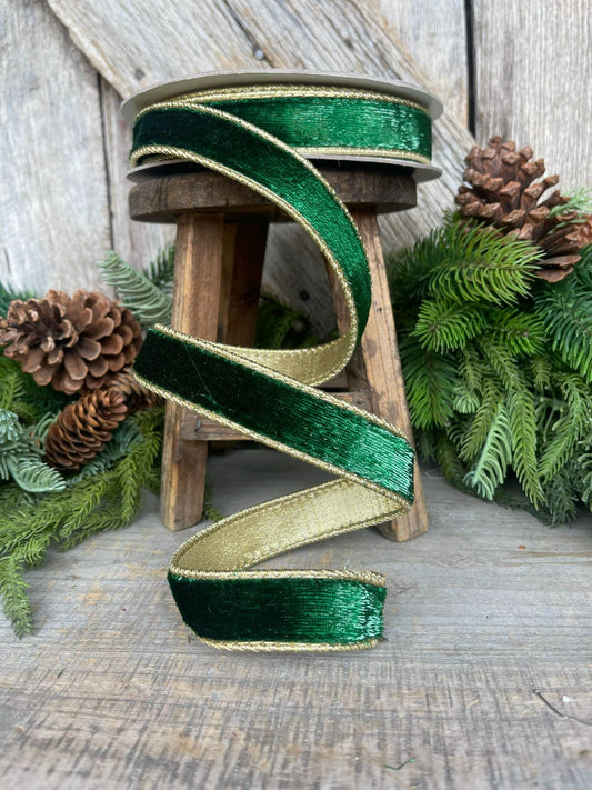 1" Emerald and Gold Velvet Sheen Ribbon, Green Velvet Ribbon, Wired Ribbon