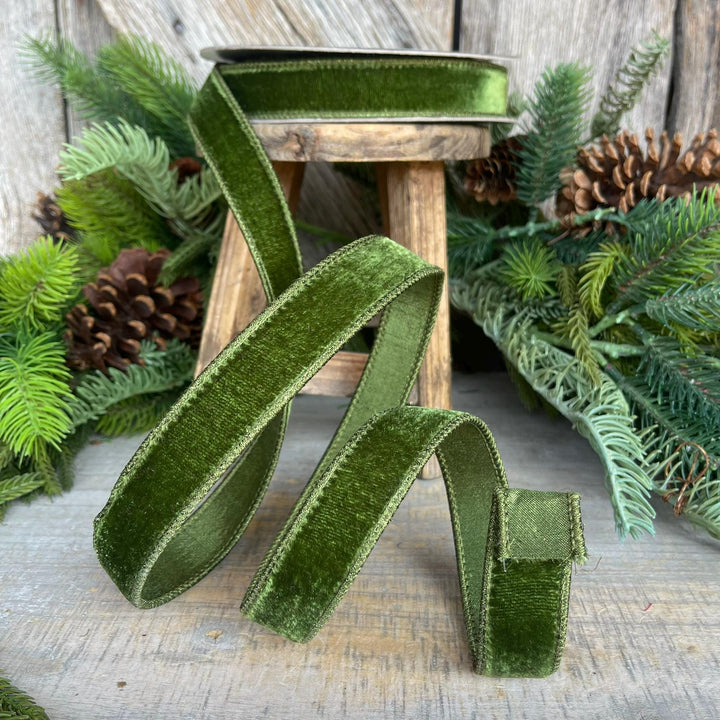 1" Forest Green Velvet Ribbon, Farrisilk Ribbon, Wired Ribbon