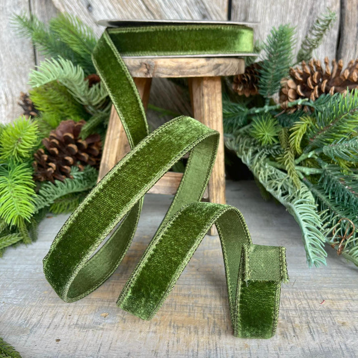 1" Forest Green Velvet Ribbon, Farrisilk Ribbon, Wired Ribbon