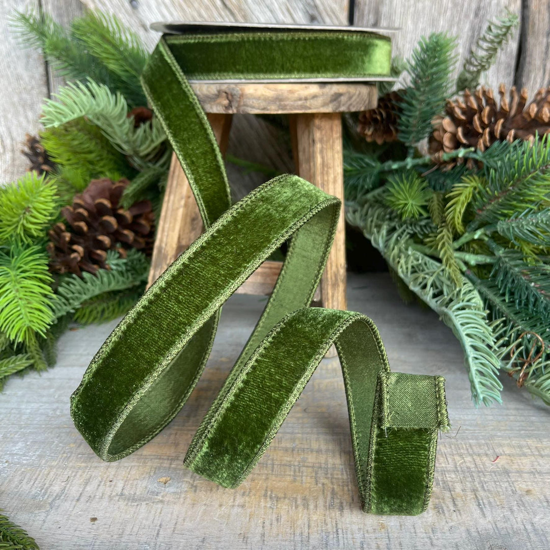 1" Forest Green Velvet Ribbon, Farrisilk Ribbon, Wired Ribbon