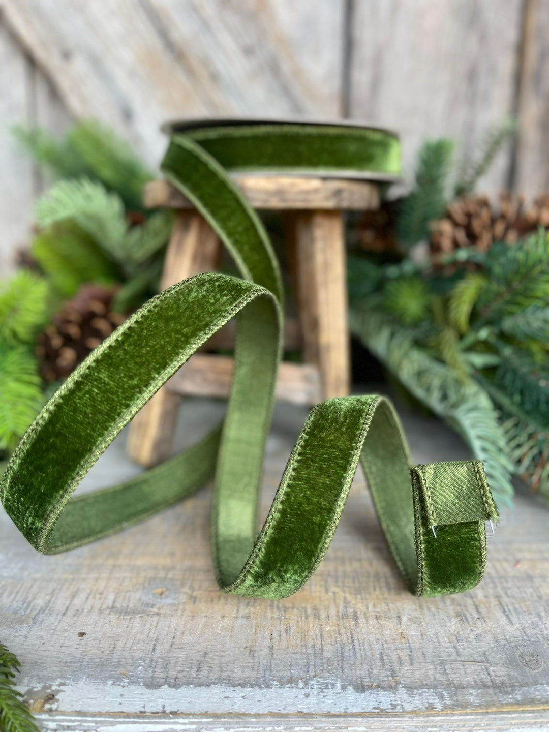 1" Forest Green Velvet Ribbon, Farrisilk Ribbon, Wired Ribbon
