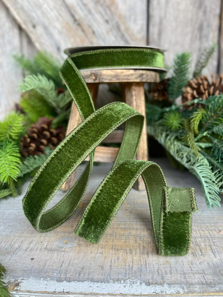 1" Forest Green Velvet Ribbon, Farrisilk Ribbon, Wired Ribbon