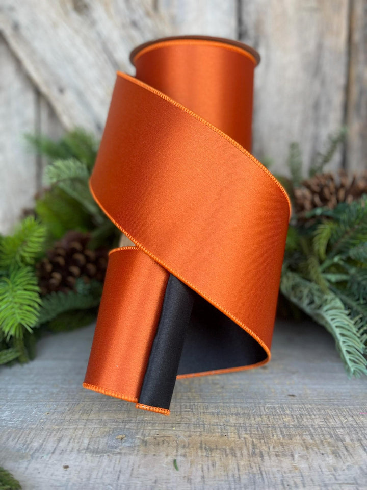 4" Orange Black Satin Ribbon, Farrisilk Ribbon, Wired Ribbon