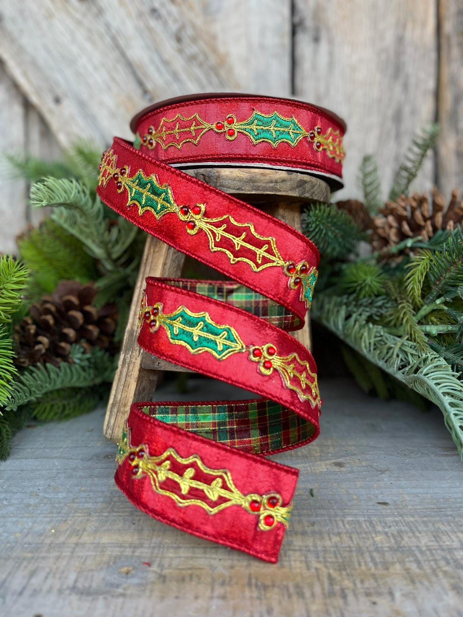 1.5" Red Holly Leaf Ribbon, Farrisilk RIbbon