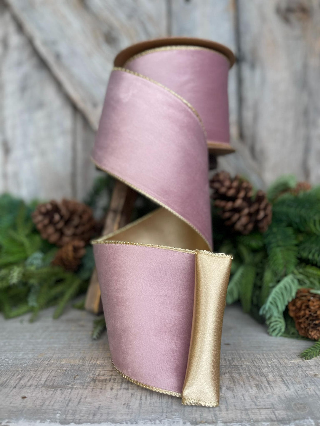 4" Dusty Pink Velvet Ribbon, Pink &amp; Gold Velvet Ribbon, Wired Ribbon