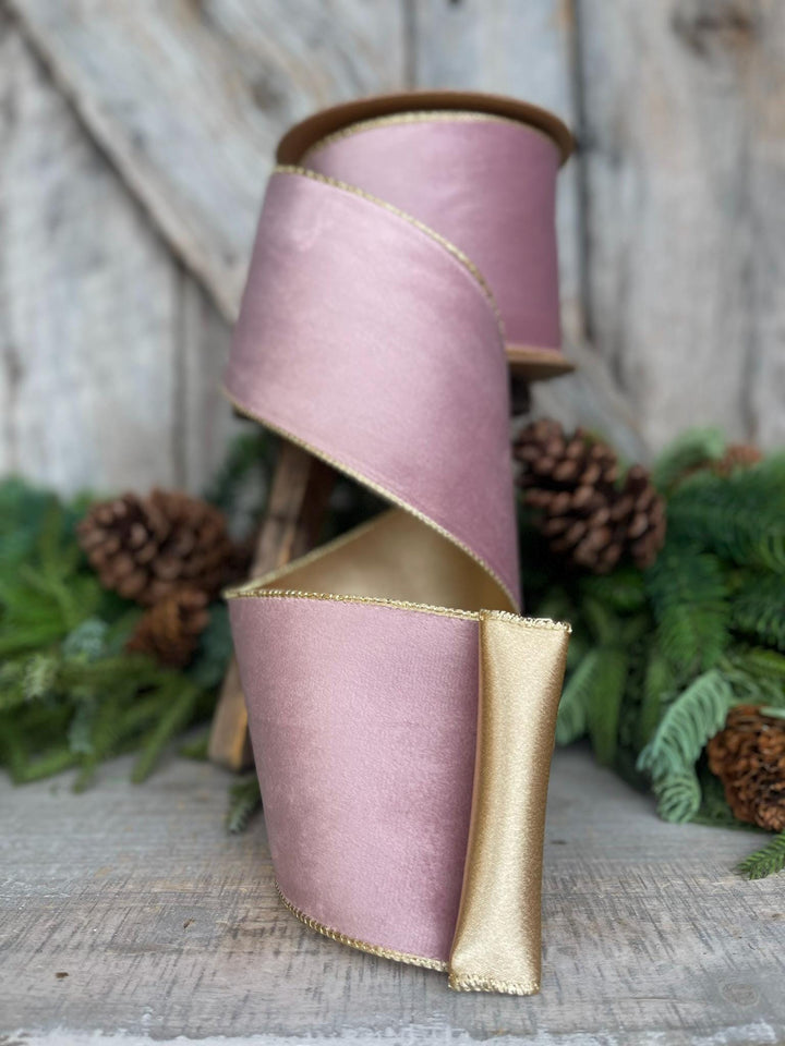 4" Dusty Pink Velvet Ribbon, Pink &amp; Gold Velvet Ribbon, Wired Ribbon