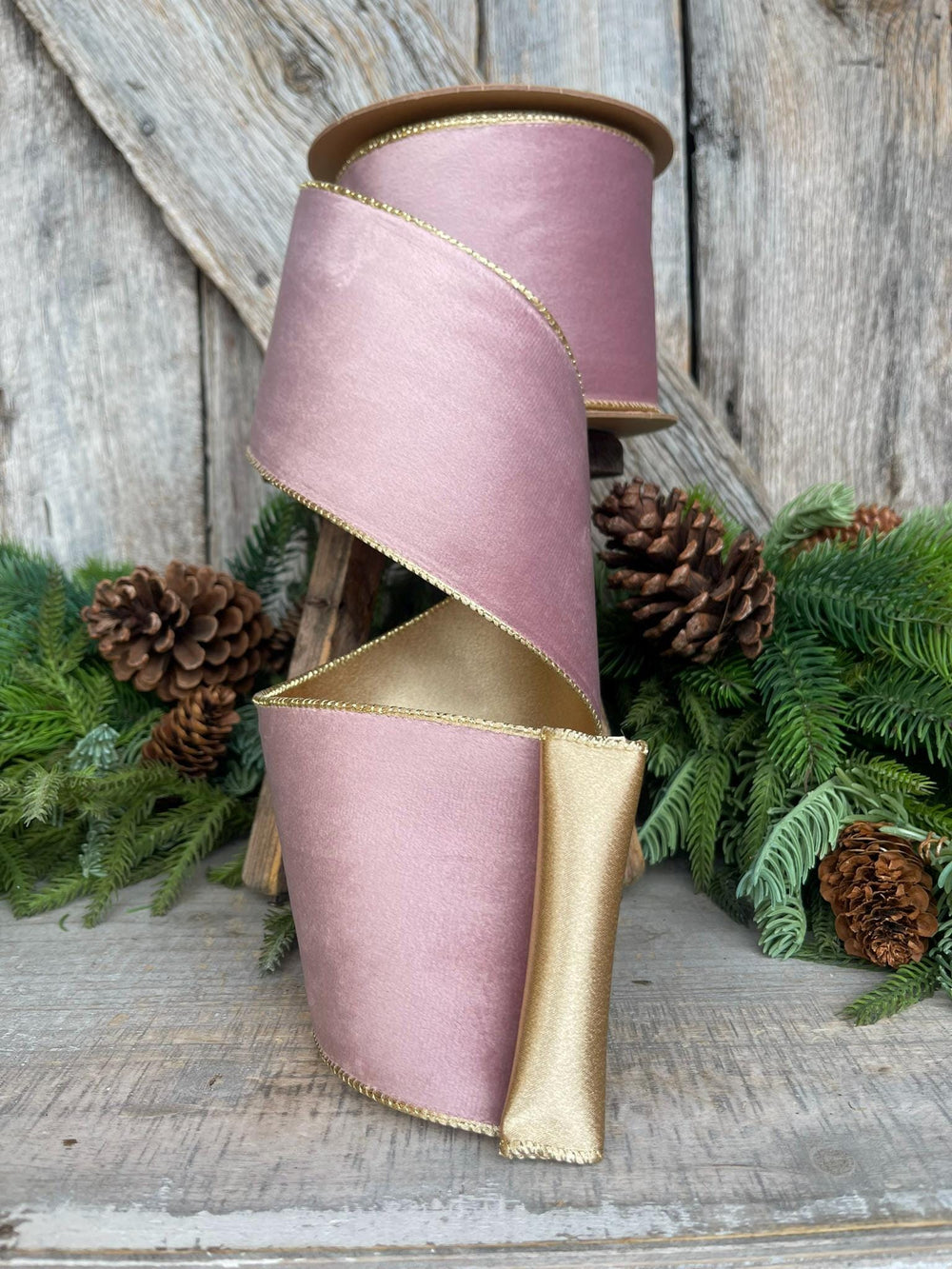 4" Dusty Pink Velvet Ribbon, Pink & Gold Velvet Ribbon, Wired Ribbon