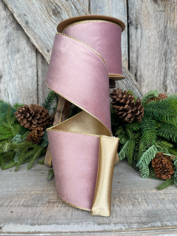 4" Dusty Pink Velvet Ribbon, Pink &amp; Gold Velvet Ribbon, Wired Ribbon