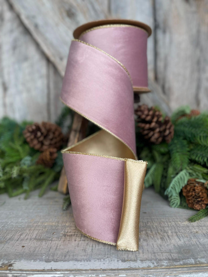 4" Dusty Pink Velvet Ribbon, Pink &amp; Gold Velvet Ribbon, Wired Ribbon