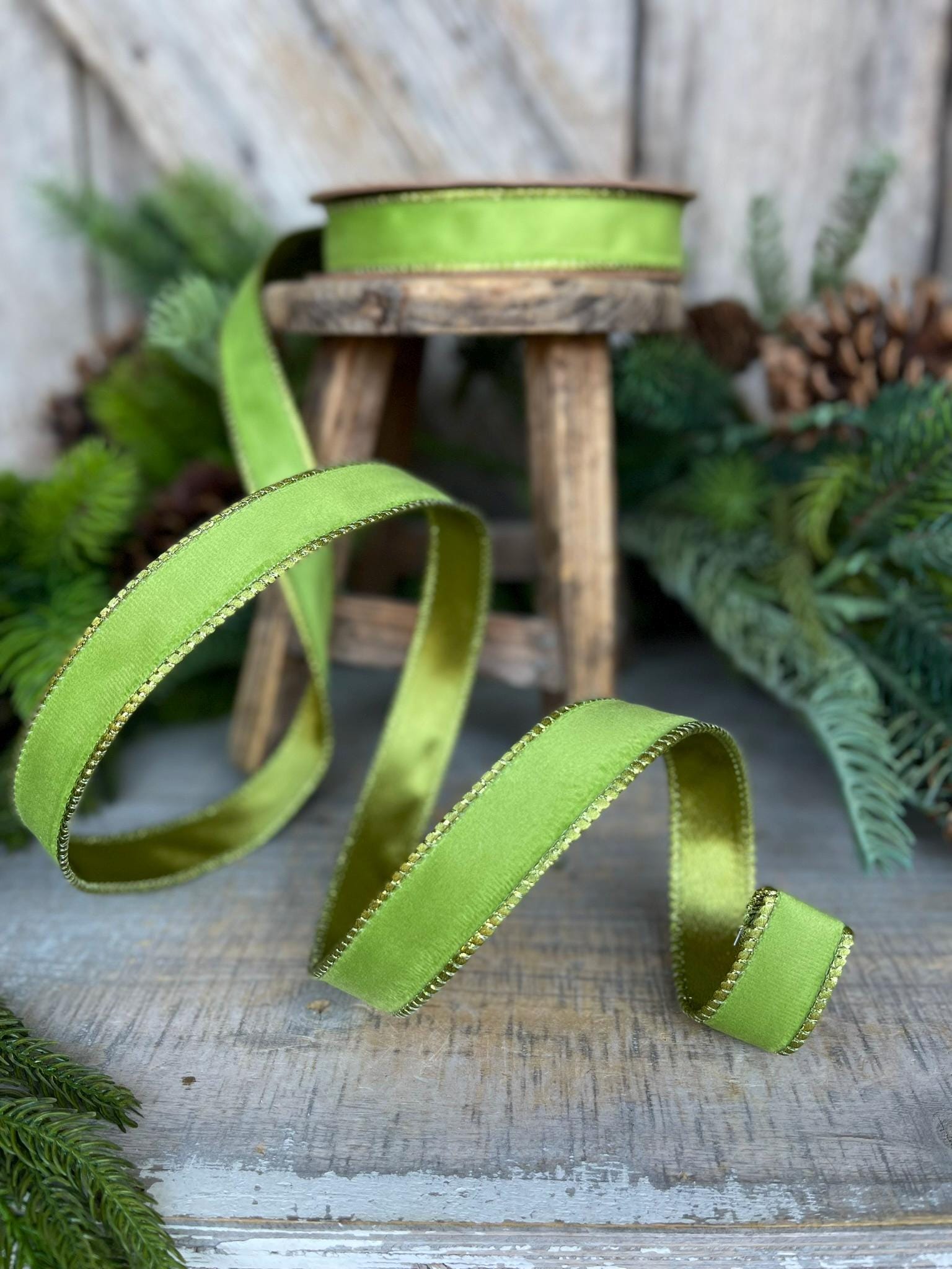 1" Lime Green Velvet Ribbon, Lime Green Velvet Ribbon, Christmas RIbbon