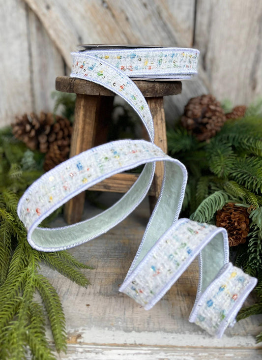 1" White Confetti Tweed Ribbon, Farrisilk Ribbon, Christmas Ribbon