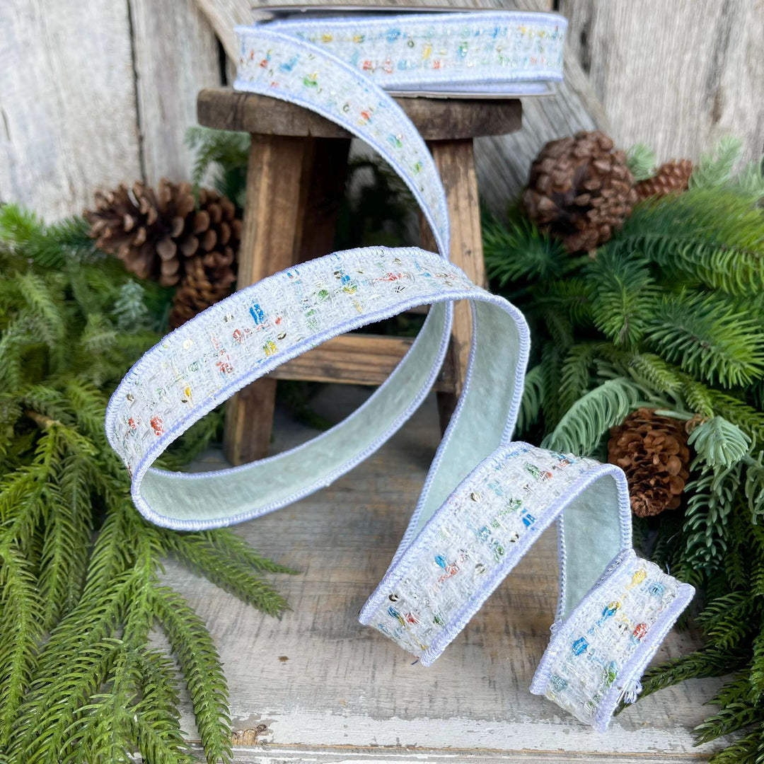 1" White Confetti Tweed Ribbon, Farrisilk Ribbon, Christmas Ribbon