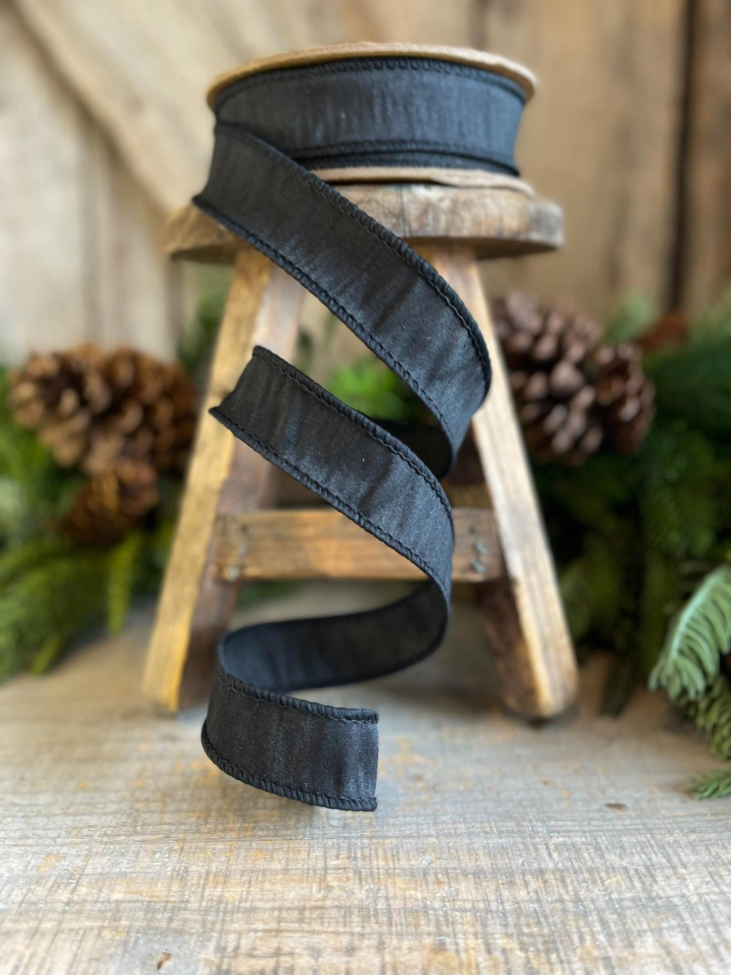 1" Black Dupioni Ribbon, Black WIred Ribbon, Fall Ribbon