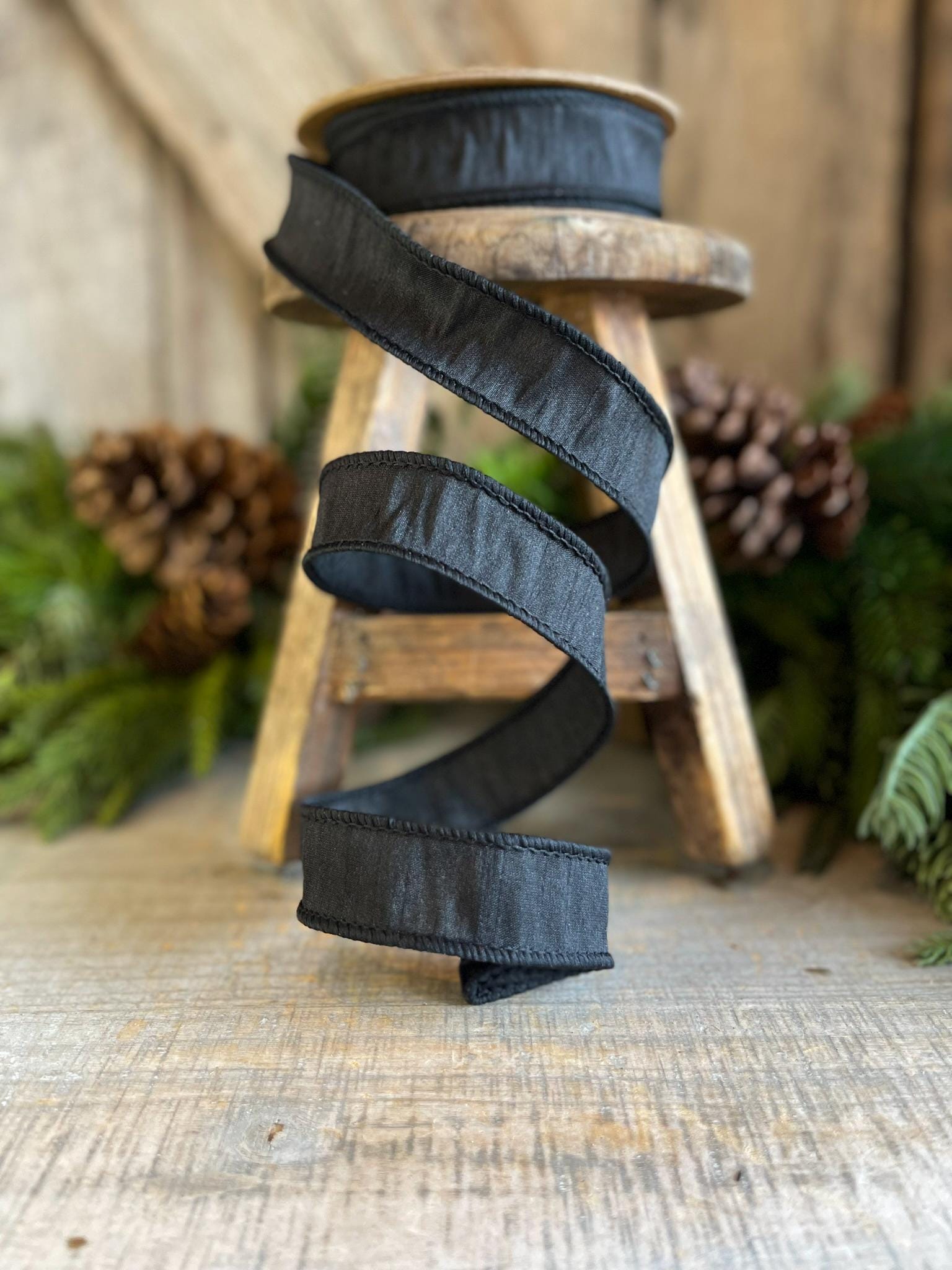 1" Black Dupioni Ribbon, Black WIred Ribbon, Fall Ribbon