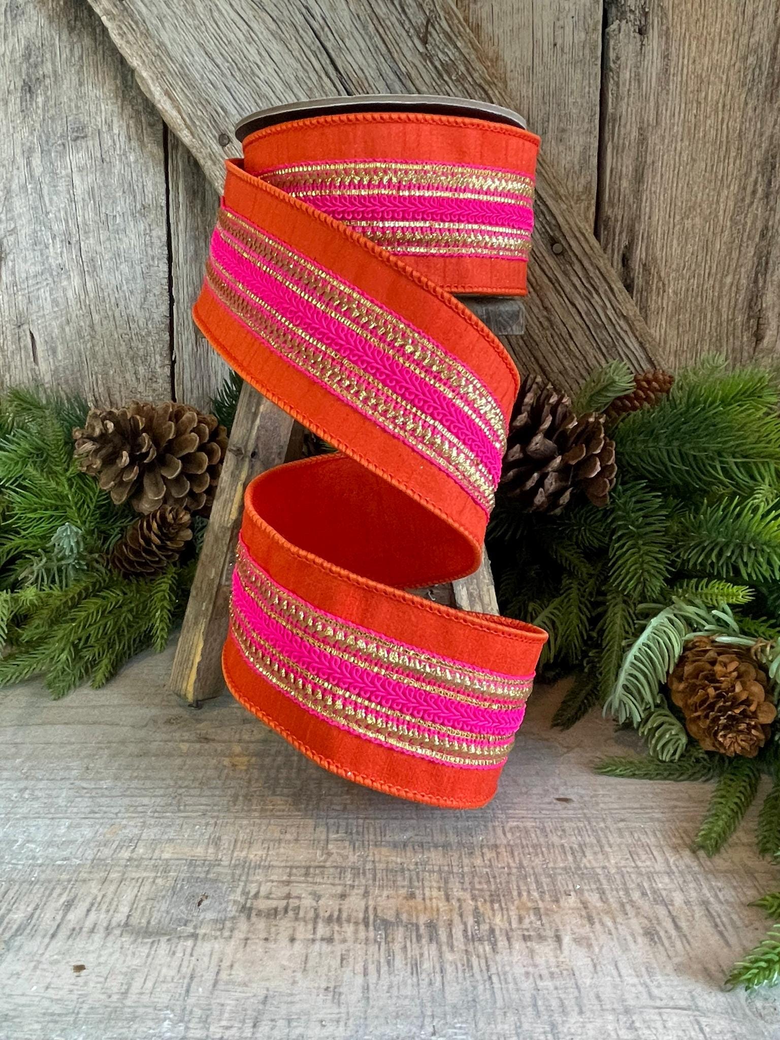 2.5" Orange & Pink Stripe Ribbon, Christmas Ribbon, Pinkmas Ribon