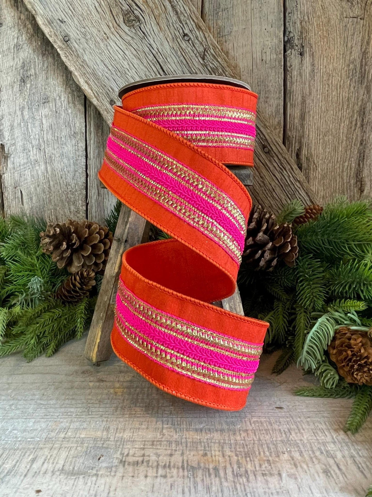 2.5" Orange & Pink Stripe Ribbon, Christmas Ribbon, Pinkmas Ribon