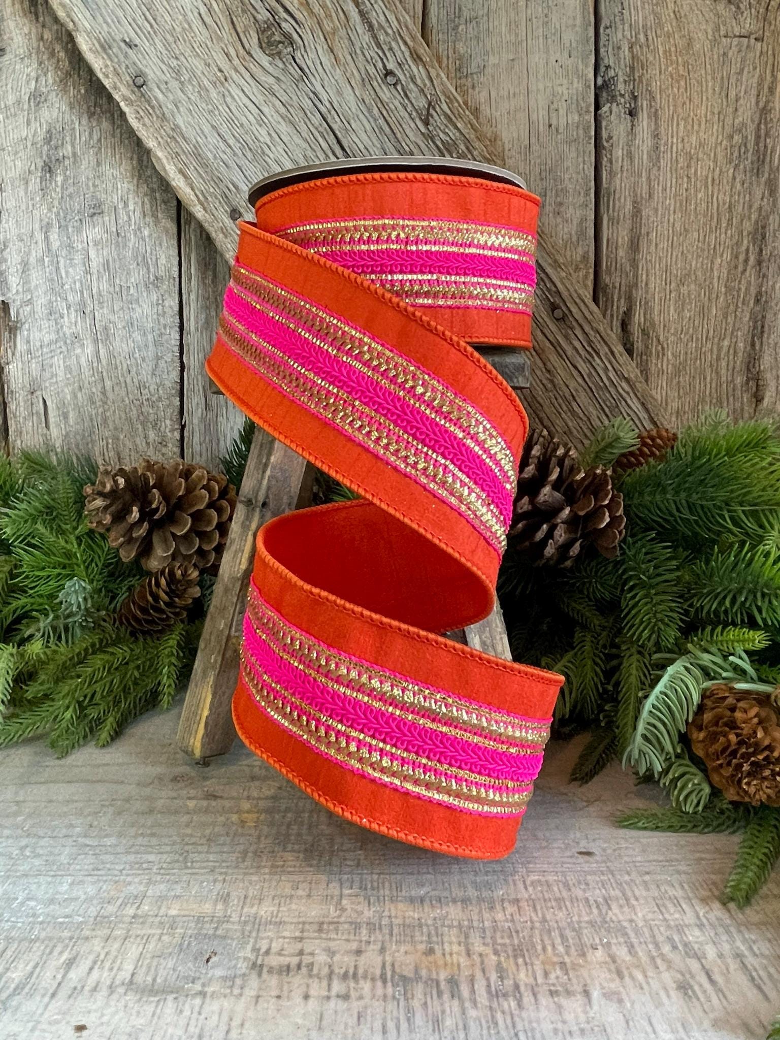 2.5" Orange & Pink Stripe Ribbon, Christmas Ribbon, Pinkmas Ribon